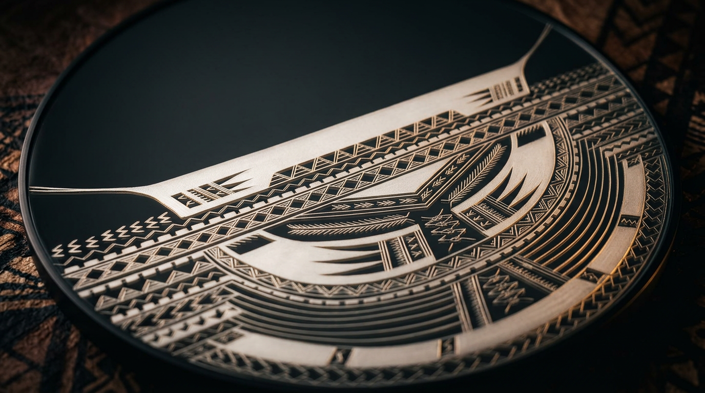 Hand-etched mirror with Samoan vaʻa (canoe) and Pe'a tatau motifs